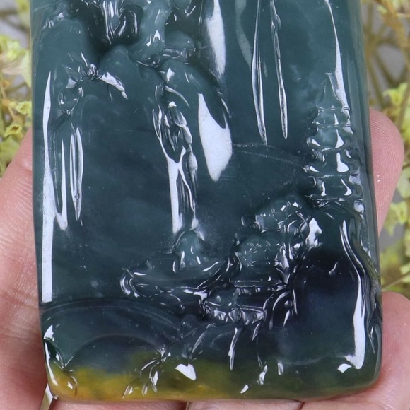 Certified Green yellow 100% Natural A Jade jadeite Landscape Pendant - Picture 2 of 10